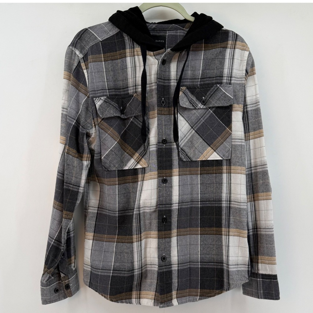 No Boundaries Plaid Flannel Shirt Hooded Jacket Gray White Brown Mens XS - Picture 2 of 7
